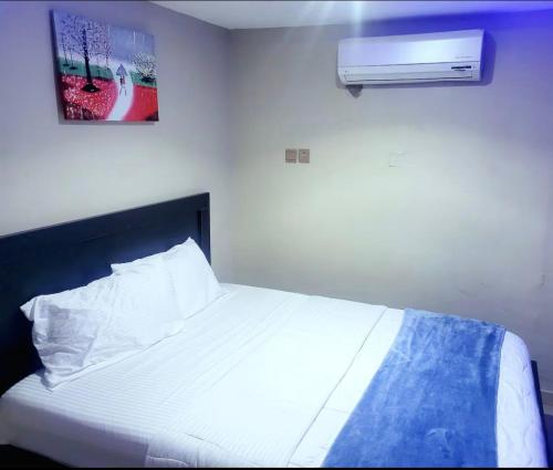een slaapkamer met een wit bed en airconditioning bij Dream Land in Lagos