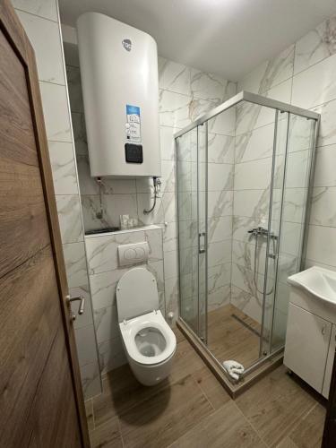 a bathroom with a toilet and a glass shower at Happy moments Studio Kraljevo in Kraljevo