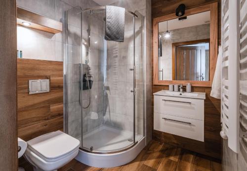 a bathroom with a shower and a toilet and a sink at Bacówka Polany in Polany
