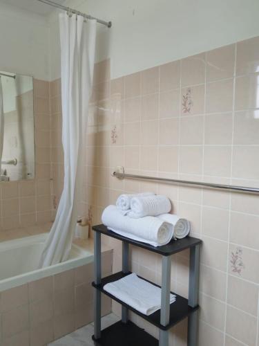 a bathroom with a shelf with towels and a bathtub at Greenstone Guesthouse in Muldersdrift