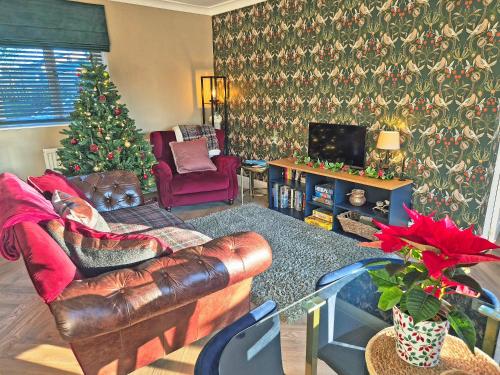 ein Wohnzimmer mit einem Weihnachtsbaum und einer Ledersofa in der Unterkunft Silent Springs in Nawton
