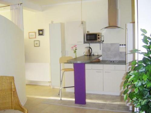 eine Küche mit einer lila Insel in einem Zimmer in der Unterkunft Vollumen Business-Juniorsuite in Redwitz an der Rodach