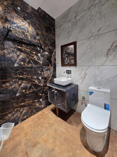 a bathroom with a toilet and a sink at Hotel The SOHO in Chandīgarh