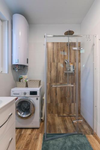 a bathroom with a washing machine and a washer at Fácán Fészek Vendégház in Mátraszentimre