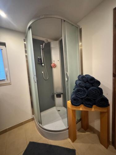 La salle de bains est pourvue d'une douche et d'une table avec des serviettes. dans l'établissement Chata Naděje, à Kořenov