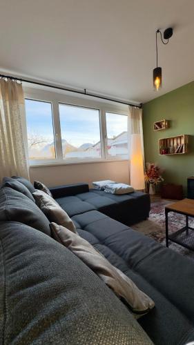 un soggiorno con due letti e una grande finestra di SCHILLING stay&more a Wörgl