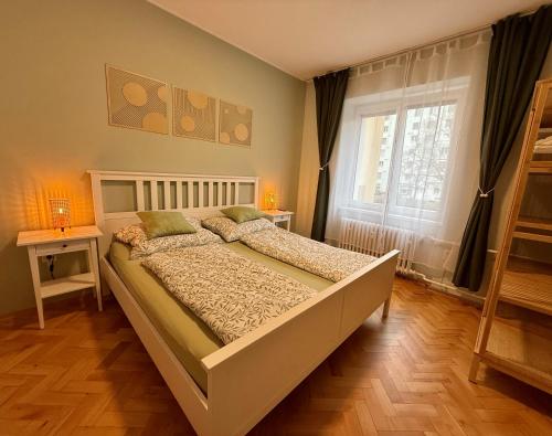 een slaapkamer met een groot bed en een raam bij Ravine Apartments - Parking in Brno
