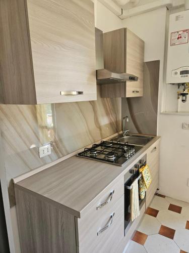 een keuken met een fornuis en een aanrechtblad bij Appartamento vicino lo stadio con garage in Piacenza