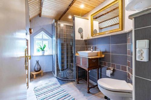 a bathroom with a shower and a sink and a toilet at KAL1031-Boda-Glasbruk-Storgatan-32 in Boda Glasbruk