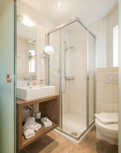 a bathroom with a shower and a sink and a toilet at Ferienhof Neusacher Moser in Weissensee
