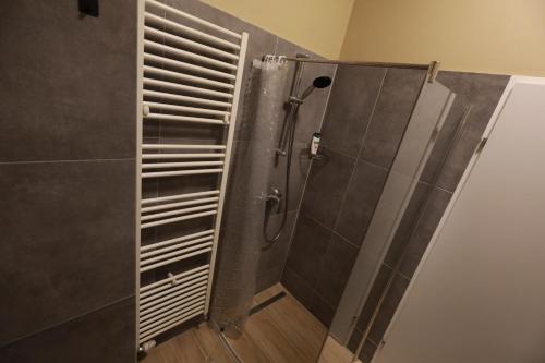 a shower with a glass door in a bathroom at Naschpark Dream Apartments! in Vienna