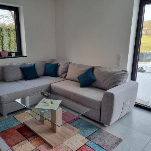 un soggiorno con un divano e un tavolo di vetro di Ferienwohnung Wiesengrund, Ruhig im Ortsteil von Roth, nähe Rothsee, 25 min Messe Nbg a Roth