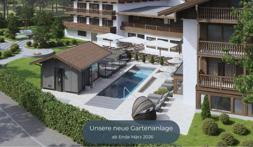 an overhead rendering of an apartment complex with a swimming pool at Hotel Alpenhof in Bad Wiessee
