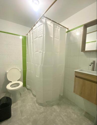 a bathroom with a toilet and a shower and a sink at Apartamentos con aire acondicionado SAN LUIS in San Luis