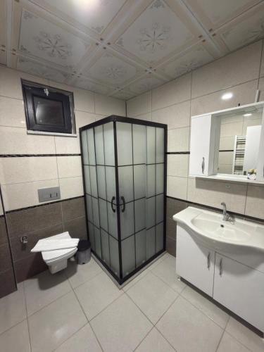 a bathroom with a shower and a toilet and a sink at Ögel Apart Otel in Sarıkamıs