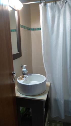 a bathroom with a sink and a shower curtain at Amanecer del Mar in Necochea