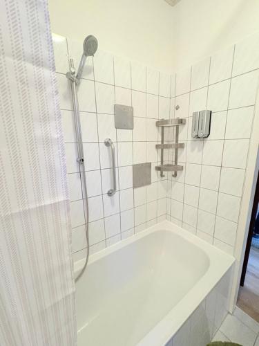a bathroom with a bath tub with a shower at Beenie 19 in Linz