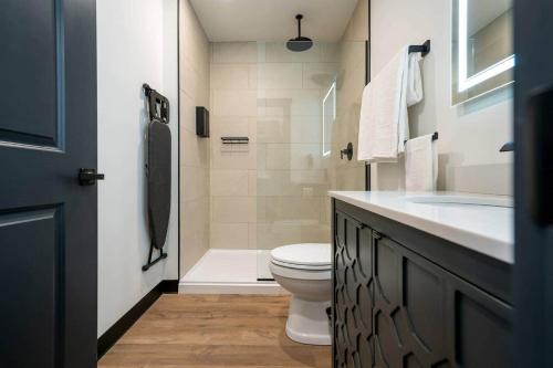 a bathroom with a toilet and a sink and a shower at Blue Room @ The MillRows Suites in New Glasgow