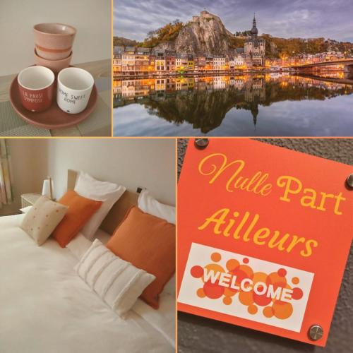 a collage of pictures of a hotel with a bed and a sign at 'Nulle Part Ailleurs' in Dinant