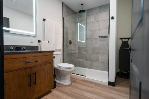 a bathroom with a toilet and a glass shower at The Library @TheMillRowsSuites in New Glasgow