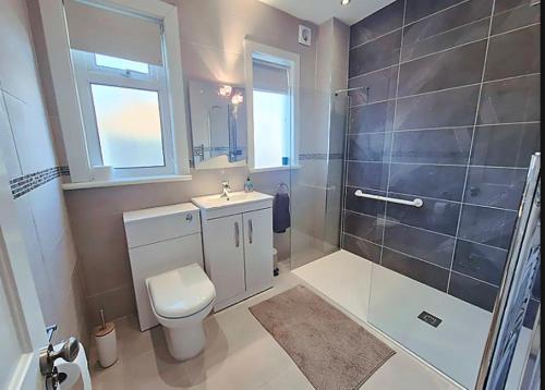 a bathroom with a toilet and a shower and a sink at Roomy, comfortable Greater London home, sleeps 8 in Thornton Heath