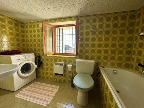 a bathroom with a toilet and a sink and a washing machine at Waterfall House - Art and Design, Ski, Hike, Swim in Mesocco
