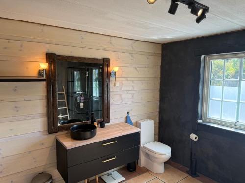 a bathroom with a sink and a mirror and a toilet at Haven Fortress in Kalven