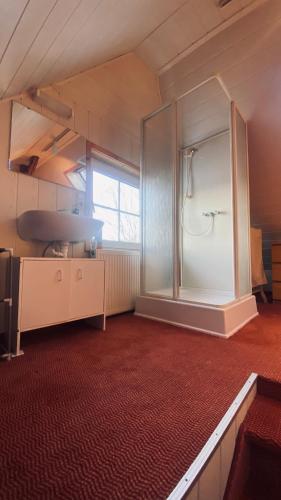 a kitchen with a glass shower in a room at Ski Alm - Ferienunterkunft in Zella-Mehlis