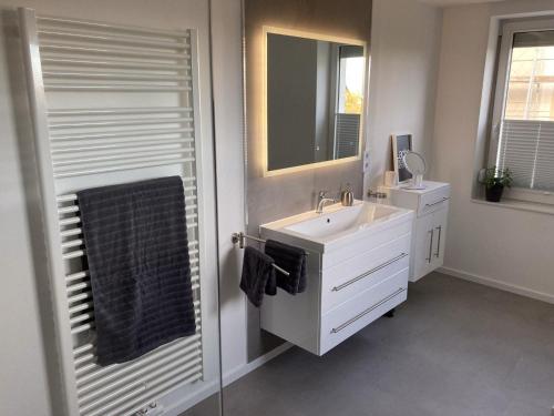 een witte badkamer met een wastafel en een spiegel bij Platzhirsch-bei-der-Purpurbuche in Bad Harzburg