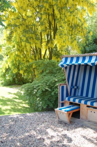a blue bench sitting next to a tree at Hotel F-RITZ in Schleswig