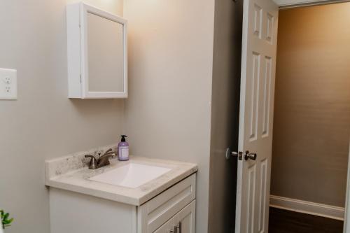 ein Badezimmer mit Waschbecken und Spiegel in der Unterkunft Parkside & Broadview Memphis Comfort in City Ctr in Memphis