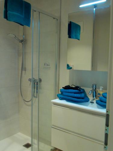 a bathroom with a shower and a sink with blue towels at Lakeside Central Apartment Wörthersee - Free covered Parking, Train & Bus & Supermarket with Supercharger in Sekull