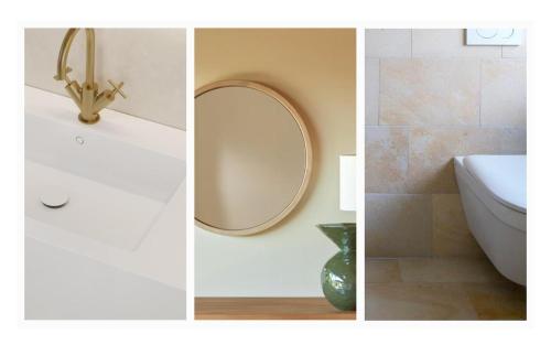 een collage van drie foto's van een badkamer met een spiegel bij Villa von EmMa in Rot am See