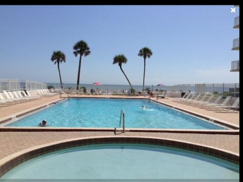- une piscine bordée de palmiers à côté de la plage dans l'établissement Refreshing oceanfront gem Remarkable sunrises, à New Smyrna Beach