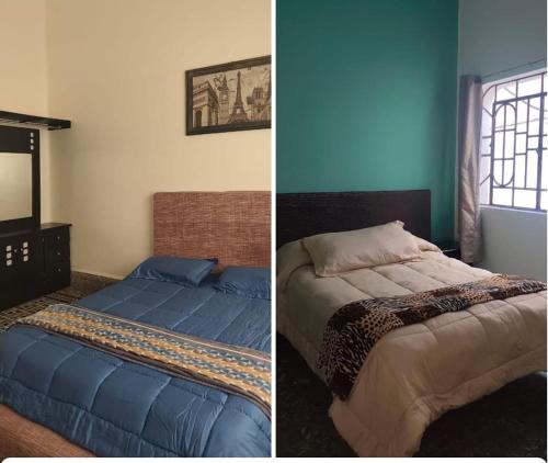 two pictures of a bedroom with a bed and a window at Hospedaje en habitación casa colonial centro histórico Puebla in Puebla