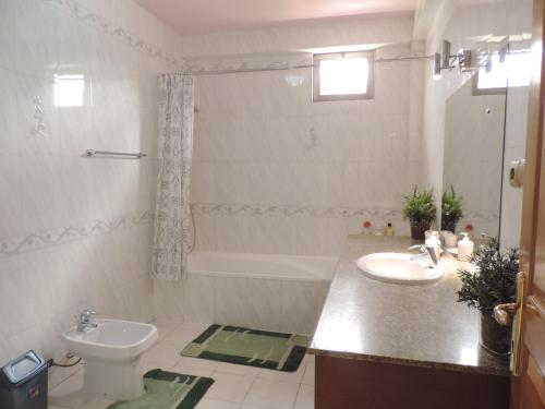uma casa de banho com um lavatório, um WC e uma banheira em Asimba Guest House em Mekʼelē