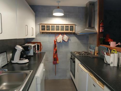 een keuken met een spoelbak en een aanrechtblad bij Les 4 Portes in Le Mesnillard