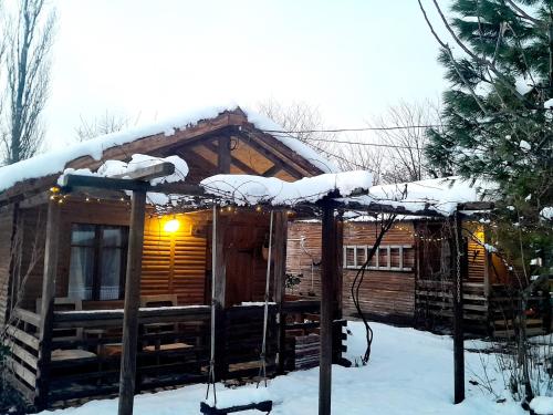 a log cabin with snow on the roof at Tiny houses Genacvale in Martvili