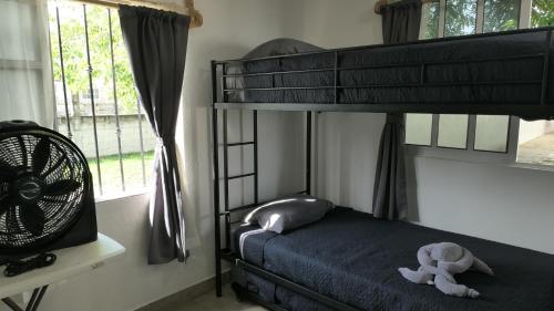 a bedroom with a bunk bed with a stuffed animal at Alojamiento con alberca privada y jardín grande in Tecolutla