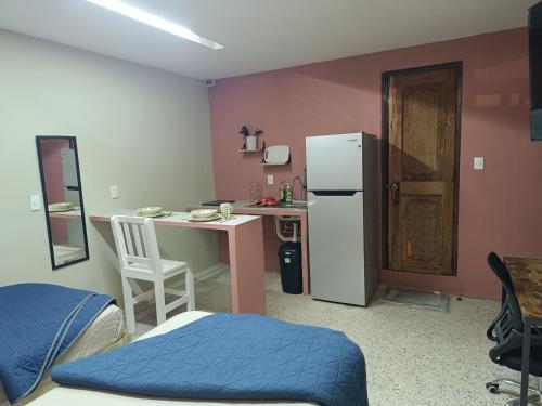 een kleine keuken met een bureau en een koelkast bij Habitación 102 Cordoba Centro Estacionamiento in Córdoba