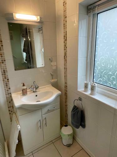 a bathroom with a sink and a mirror and a window at Walkers Retreat with garden and views in Holne