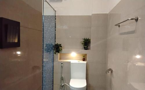 a bathroom with a toilet and a glass shower at Green cottage Ella in Ella