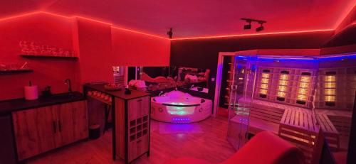 a red room with a tub and a mirror at Apartman Fantazy spa BDSM in Zemun