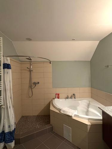 a large bathroom with a tub and a shower at American Style Vacation Home in Valea Seacă