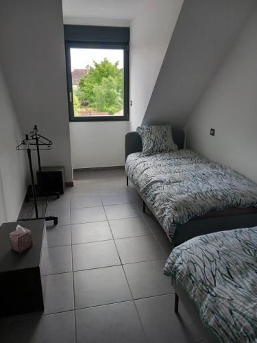 une petite chambre avec deux lits et une fenêtre dans l'établissement Chambres d'hôtes bord de Saône, à Lamarche-sur-Saône