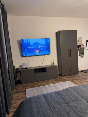 una camera da letto con una TV a schermo piatto sul muro di Apartmán Pardubice 3 a Pardubice