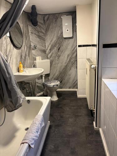 a bathroom with a toilet and a tub and a sink at Duisburg Flats 24 in Duisburg