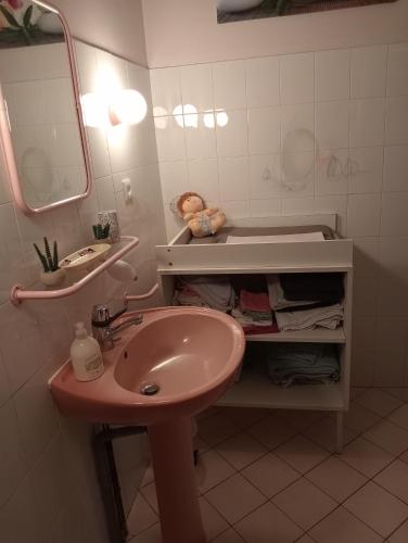 a bathroom with a sink and a mirror at La Cabane du Berger & son terrain de pétanque in Torsiac