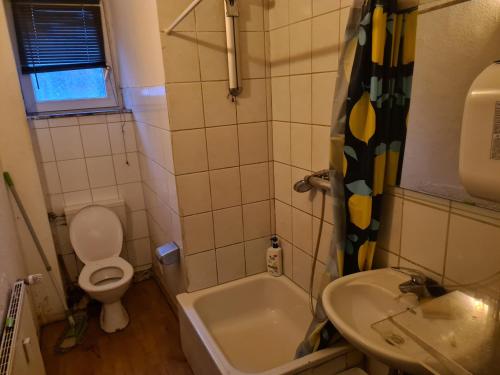 a small bathroom with a toilet and a sink at MonteurRoomMR in Essen