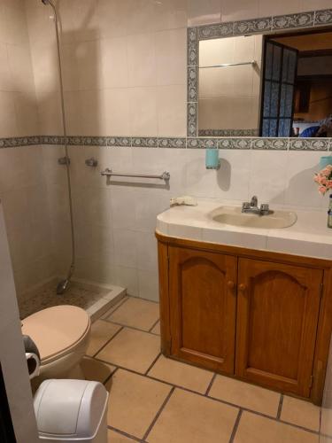a bathroom with a sink and a toilet and a mirror at Casa Díaz in San Miguel de Allende